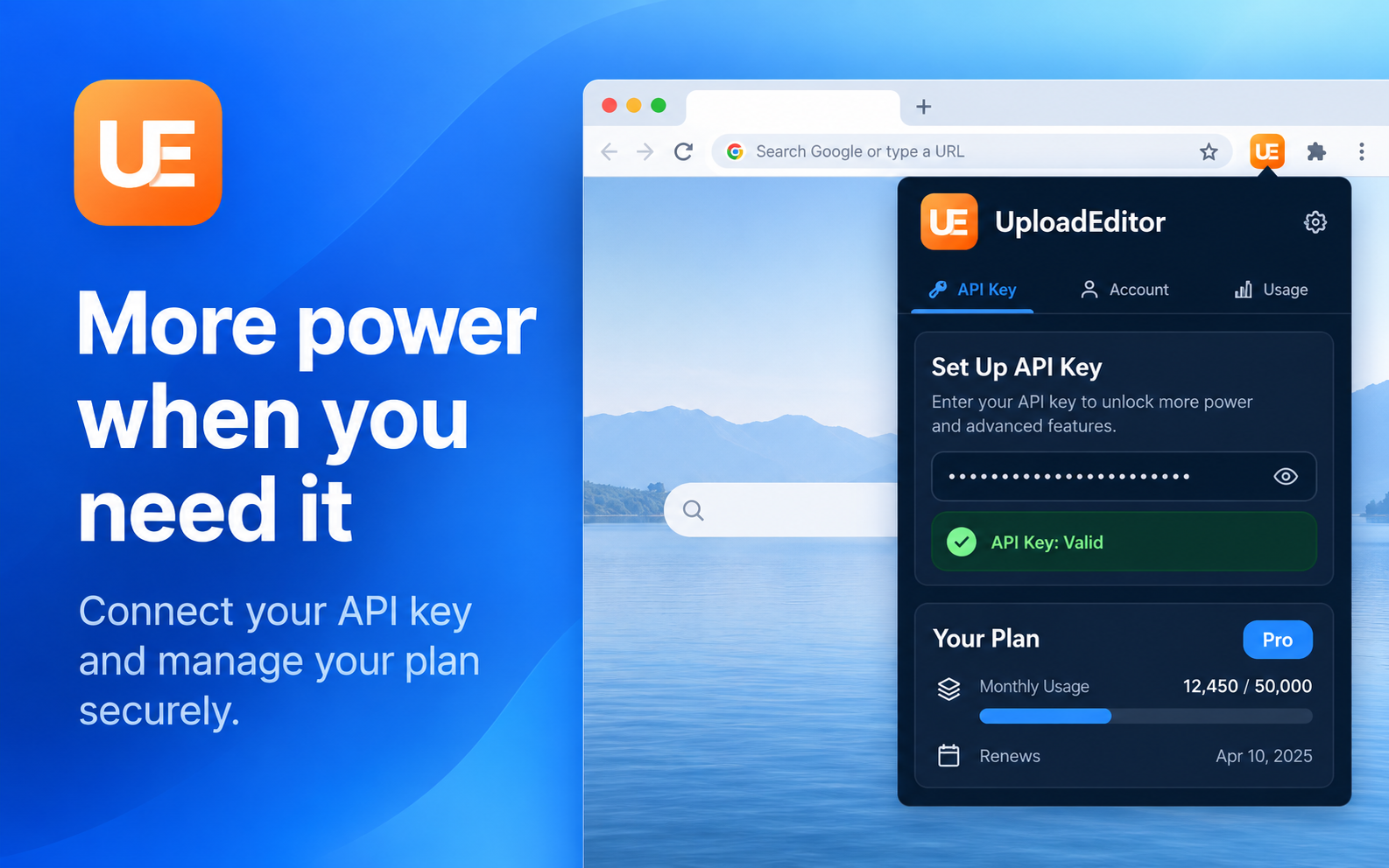 UploadEditor API key setup and valid status